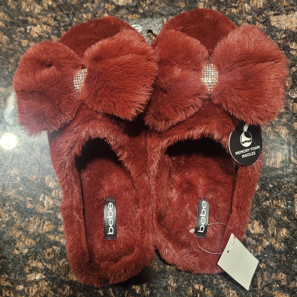 Bebe Burgundy Fuzzy Slippers with Rhinestone Bow